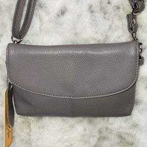 NEW, Gray cowhide leather crossbody purse. Very soft.